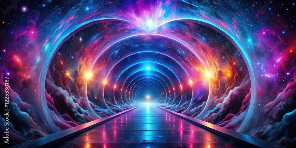Obraz premium A Futuristic Pathway Through a Vibrant Nebula and Cosmic Rings Leading to a Bright Light