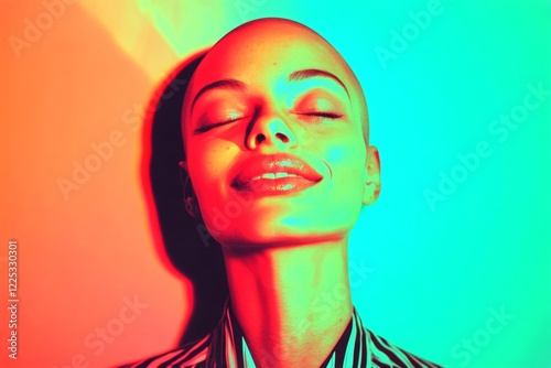 Gorgeous happy mixed-race girl - for ads, magazine ad and social media use. Short haircut - bald head - no hair. Commercial marketing conceptual art. Short hair model. Black beauty style look.