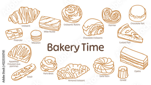 Doodles Hand drawn Line French Bakery Simple Shapes for Graphic Decorations
