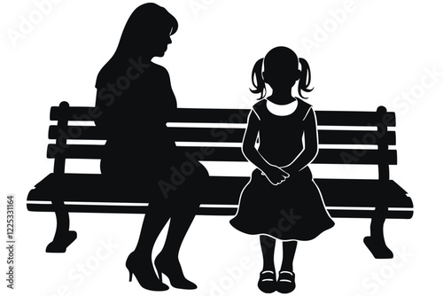 Silhouette Mother daughter Sitting on a Park Bench