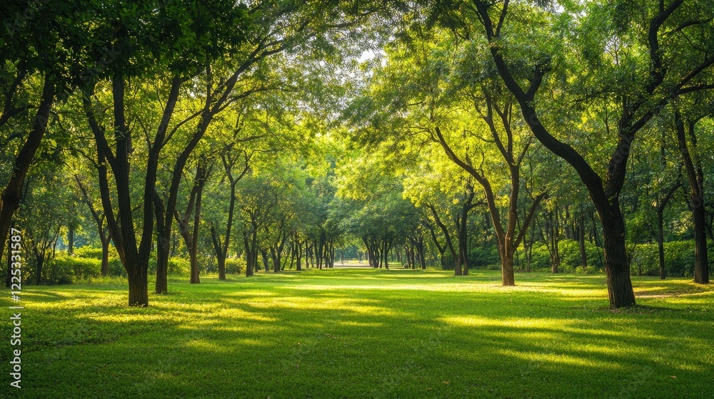Tranquil aerial perspective showing a bright green garden surrounded by trees in sunlight. Tranquil aerial perspective showing a bright green garden surrounded by trees in sunlight.