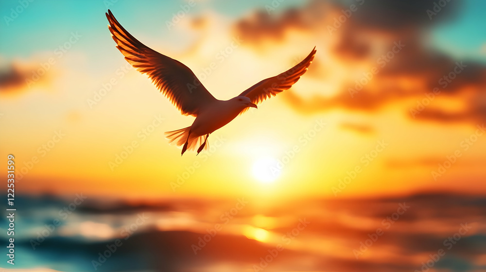 Fototapeta premium A bird gliding through the sky at sunset, creating a serene and tranquil atmosphere over the ocean waves.