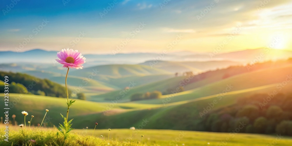 Obraz premium Serene Sunrise A Single Pink Flower Blooms Amidst Rolling Hills and Golden Light