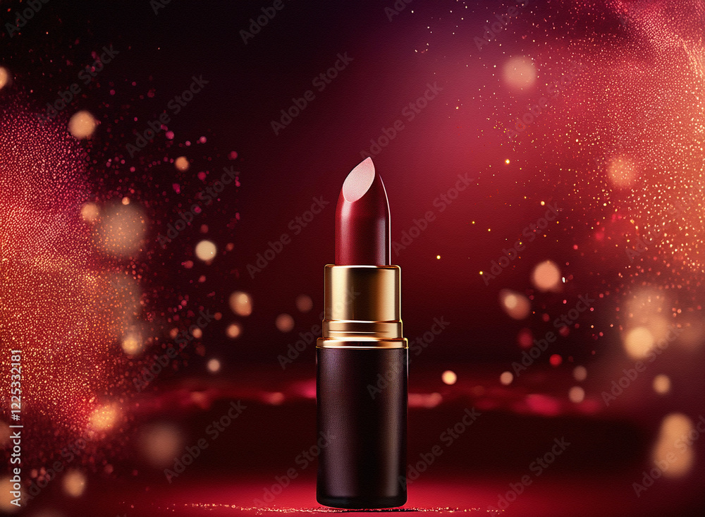 A single tube of dark red lipstick stands on a dark red background with sparkling dust and bokeh lights. The lipstick is slightly angled, showcasing its creamy texture. A single tube of dark red lipstick stands on a dark red background with sparkling dust and bokeh lights. The lipstick is slightly angled, showcasing its creamy texture.