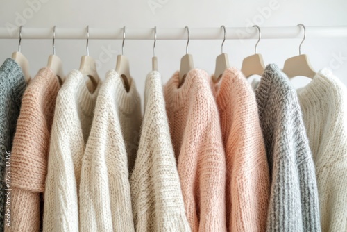 Soft Knitted Sweaters in Pastel Shades on Hangers photo