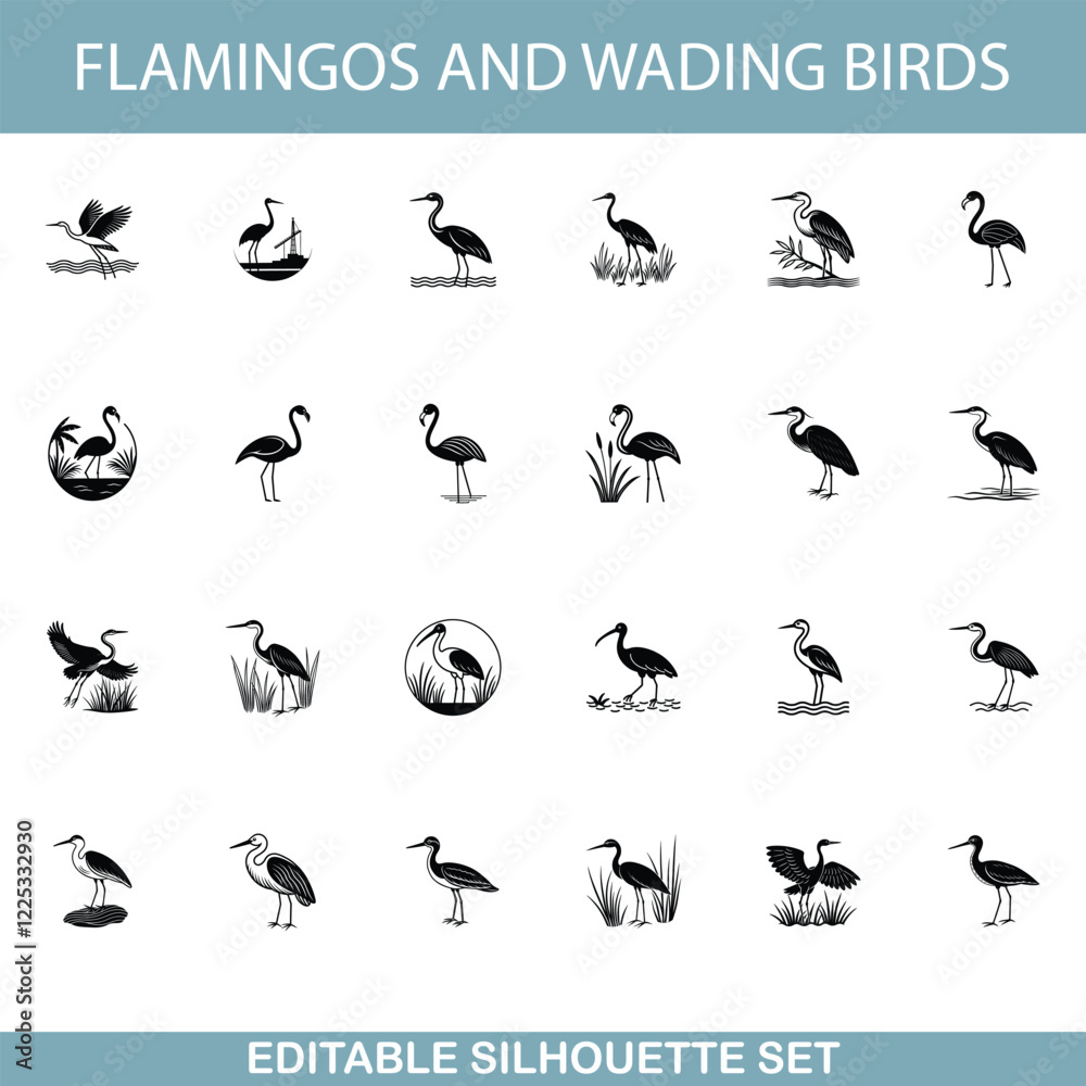 Flamingo and Wading Bird Silhouettes Editable Vector Set Icons Flamingo and Wading Bird Silhouettes Editable Vector Set Icons