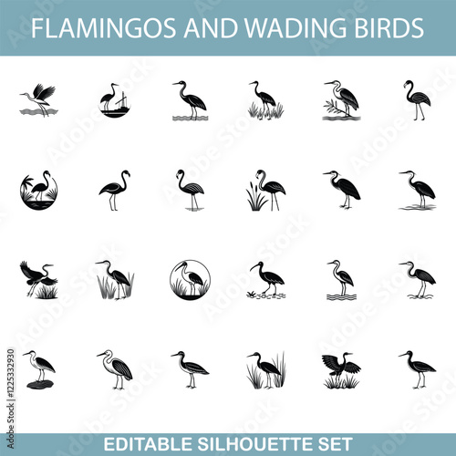 Flamingo and Wading Bird Silhouettes Editable Vector Set Icons