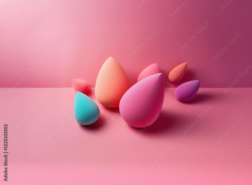 A cluster of pastel-colored teardrop-shaped sponges rests on a pink surface, illuminated by soft lighting. The scene is minimalist and evokes a sense of beauty and softness. A cluster of pastel-colored teardrop-shaped sponges rests on a pink surface, illuminated by soft lighting. The scene is minimalist and evokes a sense of beauty and softness.