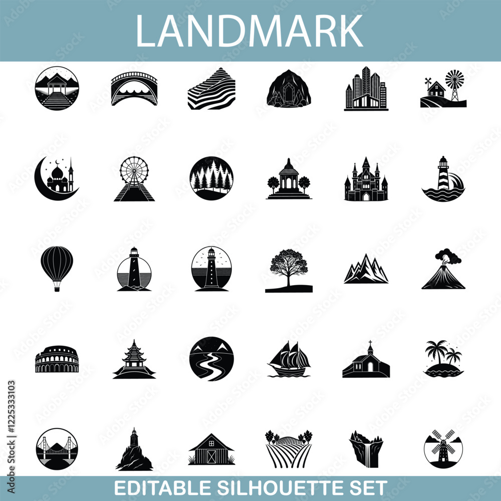 Landmark Silhouettes Editable Vector Icons Set for Design Landmark Silhouettes Editable Vector Icons Set for Design
