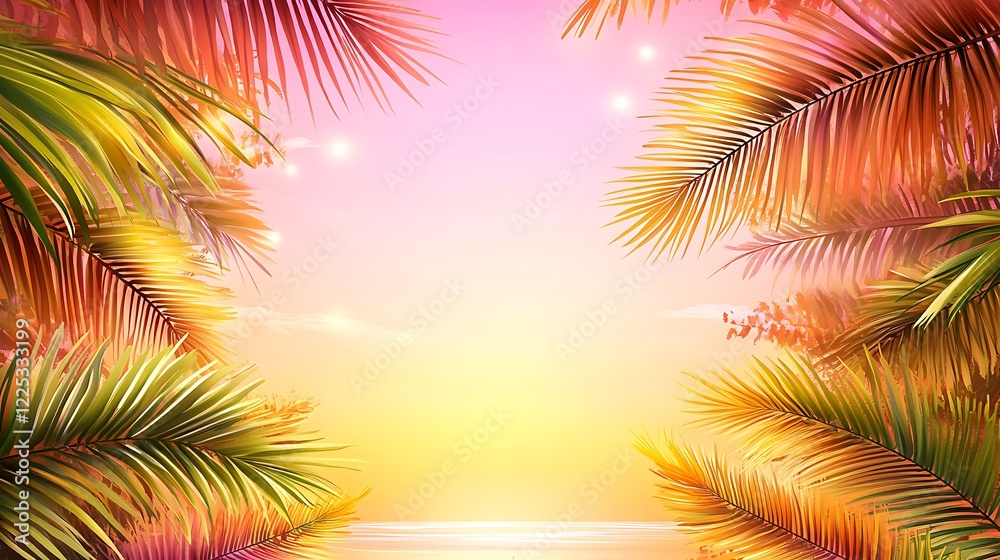 Obraz premium Tropical Palm Leaves Frame Sunset Ocean View