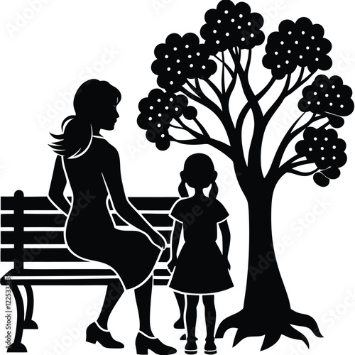 Mother Son Sitting on a Bench black Silhouette