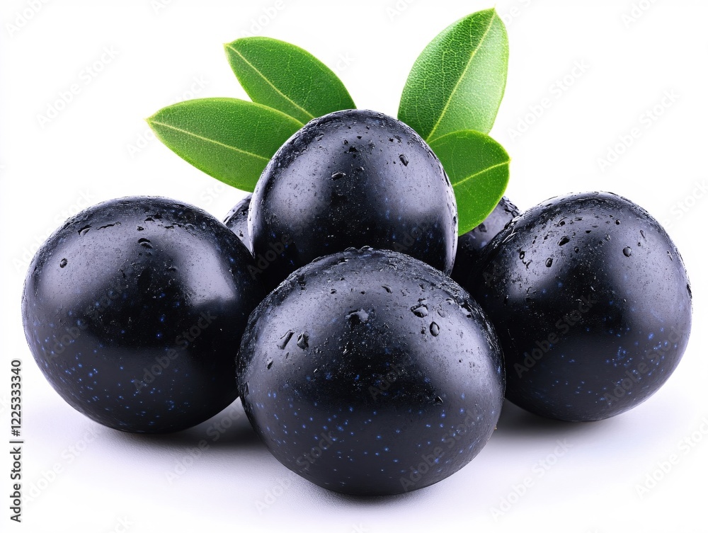 Fresh dark olives with green leaves on white background in studio setting for food photography Fresh dark olives with green leaves on white background in studio setting for food photography