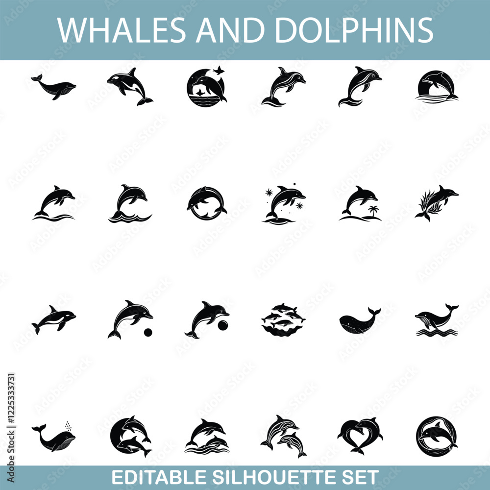 Editable Whale and Dolphin Silhouette Icons Set for Design Editable Whale and Dolphin Silhouette Icons Set for Design