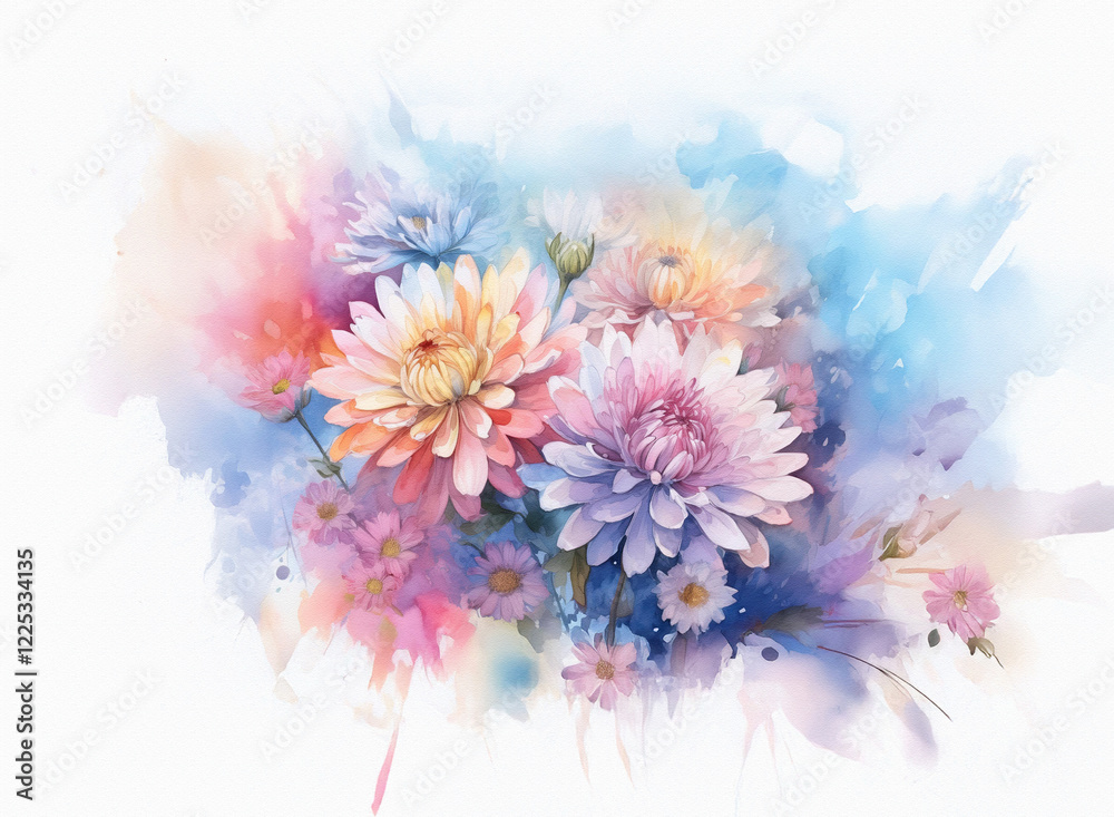 Obraz premium A vibrant watercolor painting showcases a bouquet of chrysanthemums in soft pastel hues, surrounded by a dreamy, abstract watercolor wash. The delicate flowers and painterly style evoke a sense of se
