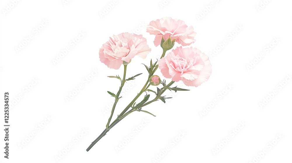 Three beautiful pink carnations with delicate petals and green stems, showcasing their elegant form against a white background. Three beautiful pink carnations with delicate petals and green stems, showcasing their elegant form against a white background.