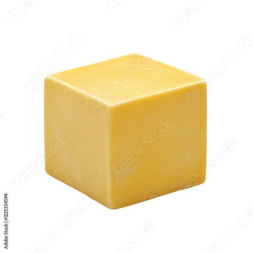 A single cube of pale yellow cheddar cheese is shown against a black background. photo