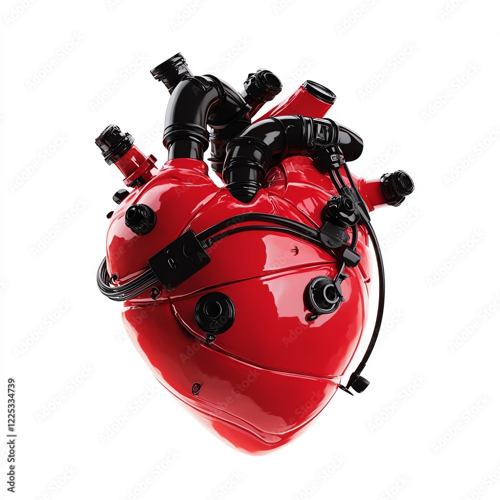 Stylized red heart with mechanical features and pipes, symbolizing the fusion of biology and technology. Ideal for concepts of health, innovation, and human anatomy.