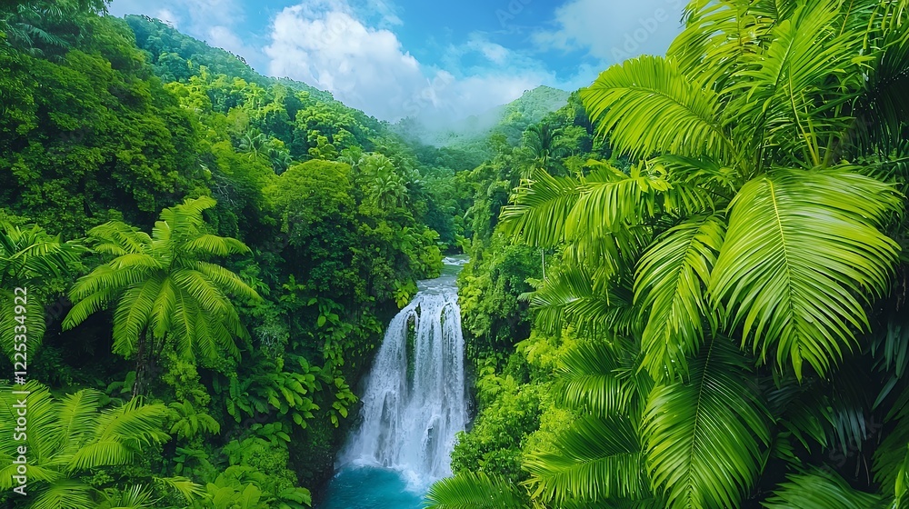 Naklejka premium Lush Rainforest Waterfall Cascading Through Vibrant Greenery Under Tropical Sunlight