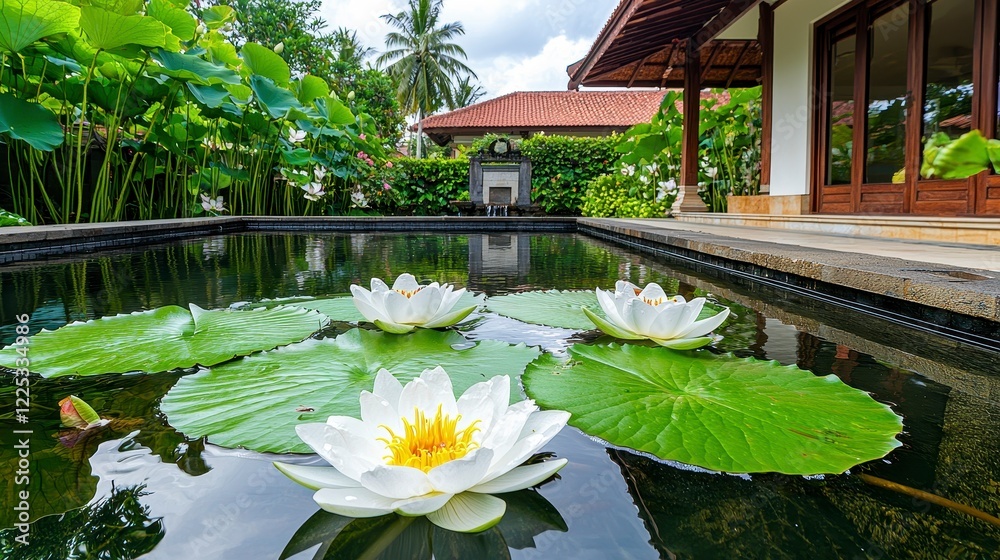 Tranquil Garden Pond with White Lotus Flowers and Lush Greenery Tranquil Garden Pond with White Lotus Flowers and Lush Greenery
