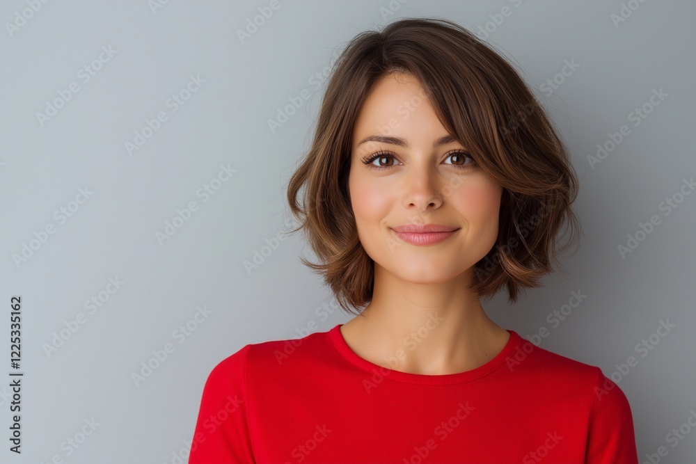 Obraz premium Young woman brunette, with natural makeup, with wavy hair in red shirt poses against a grey wall in a casual setting