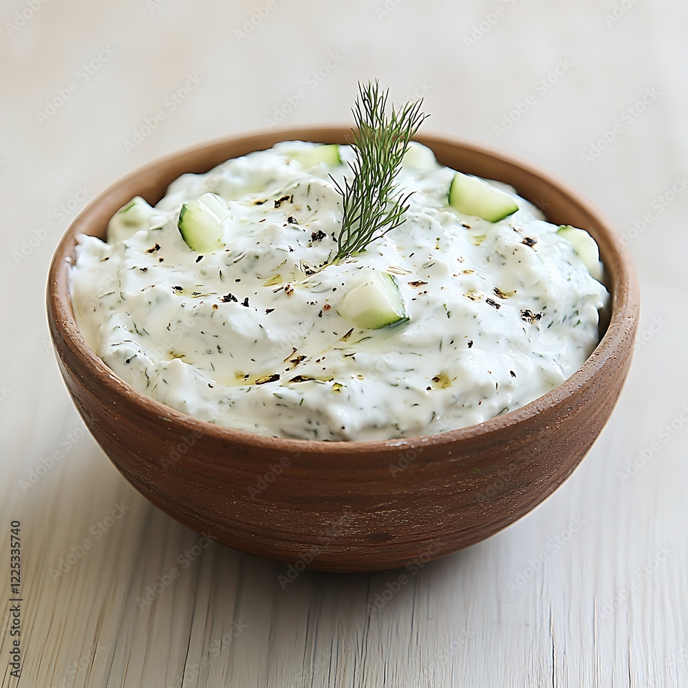 Tzatziki sauce with garlic and dill in a wooden bowl Tzatziki sauce with garlic and dill in a wooden bowl