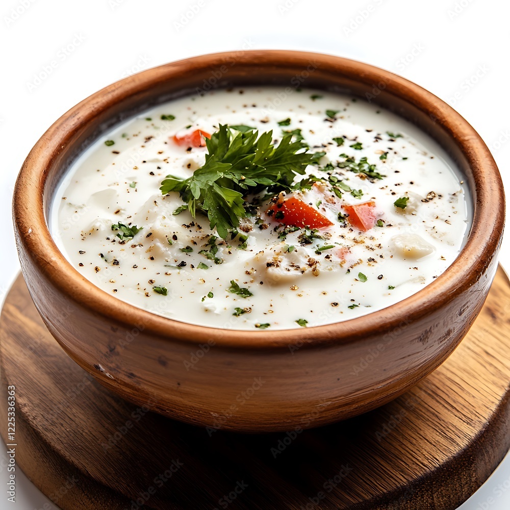 Yoghurt soup with parsley and spices in bowl on wooden table Yoghurt soup with parsley and spices in bowl on wooden table