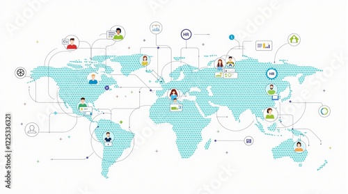 Illustrative world map with HR and networking connections among global users