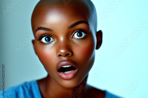 Gorgeous very astounded black girl - for ads, ad page and social social apps ad use. Commercial commercial idea creative drawing. Short trim - bald head - no hair. Modern black girl glam.