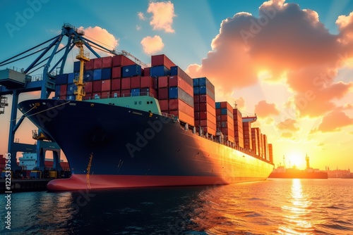 Wallpaper Mural A Majestic Cargo Ship Docked at Sunset in a Busy Port, Surrounded by Colorful Shipping Containers and the Glimmering Waters Reflecting the Warm Evening Sunlight Torontodigital.ca