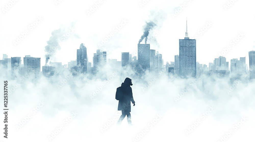 A lone figure walks through a foggy city landscape with smoke rising from buildings, symbolizing urban challenges and environmental concerns. A lone figure walks through a foggy city landscape with smoke rising from buildings, symbolizing urban challenges and environmental concerns.