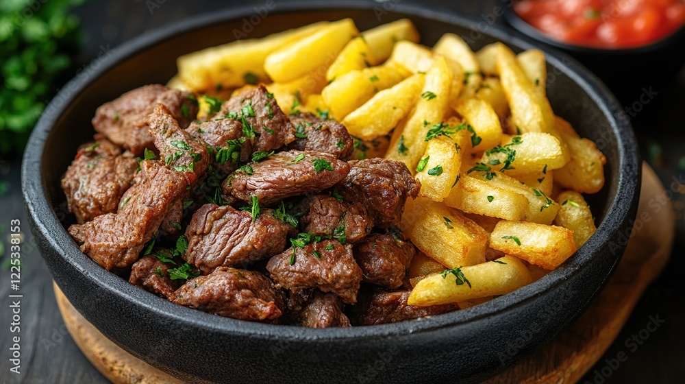 Sizzling steak bites and fries on dark wood. Food photography for menus Sizzling steak bites and fries on dark wood. Food photography for menus