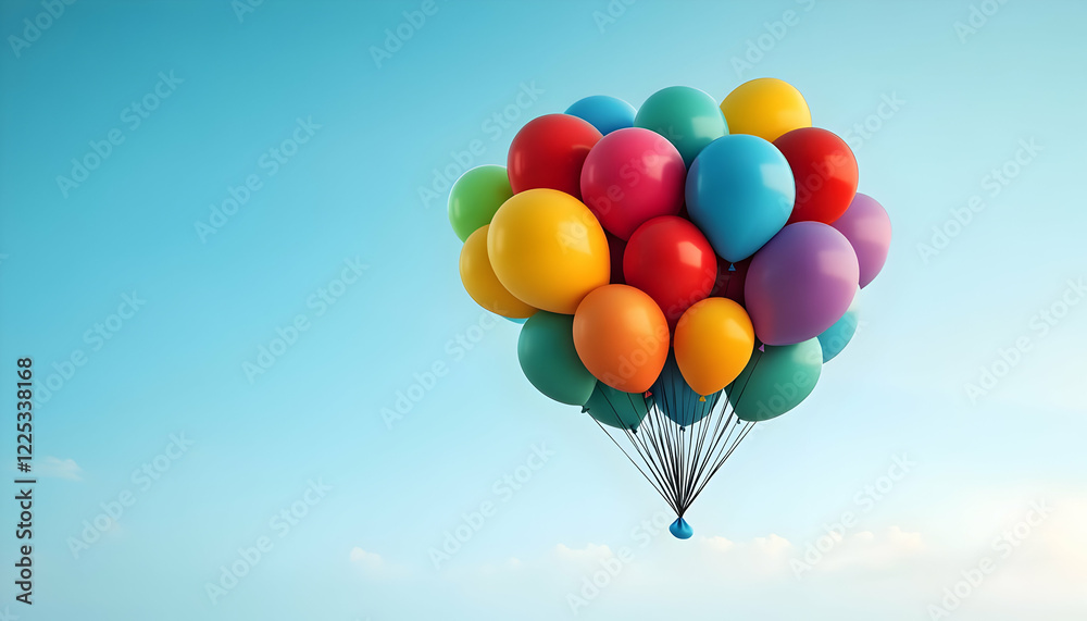Fototapeta premium A colorful bunch of balloons floating against a clear blue sky, symbolizing joy and celebration.