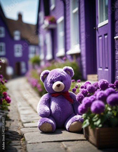a teddy bear on a street of purple houses