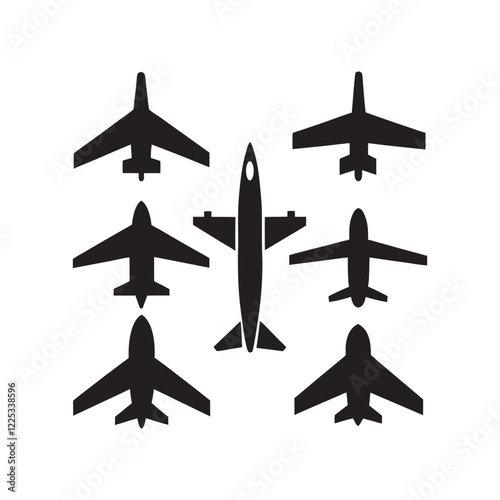 Set of plane, air jet, fighter jet, airbus silhouette vector icon illustration on white background.