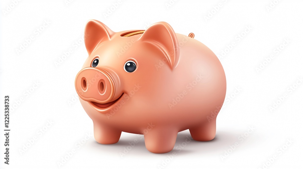 Financial Security Concept: Piggy Bank with Coin, Wide Angle Centered Composition Financial Security Concept: Piggy Bank with Coin, Wide Angle Centered Composition