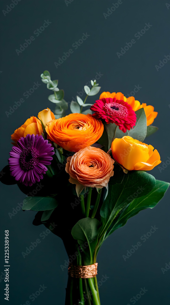 Beautiful bouquet of colorful ranunculus, roses, and gerbera daisies against a dark background Beautiful bouquet of colorful ranunculus, roses, and gerbera daisies against a dark background