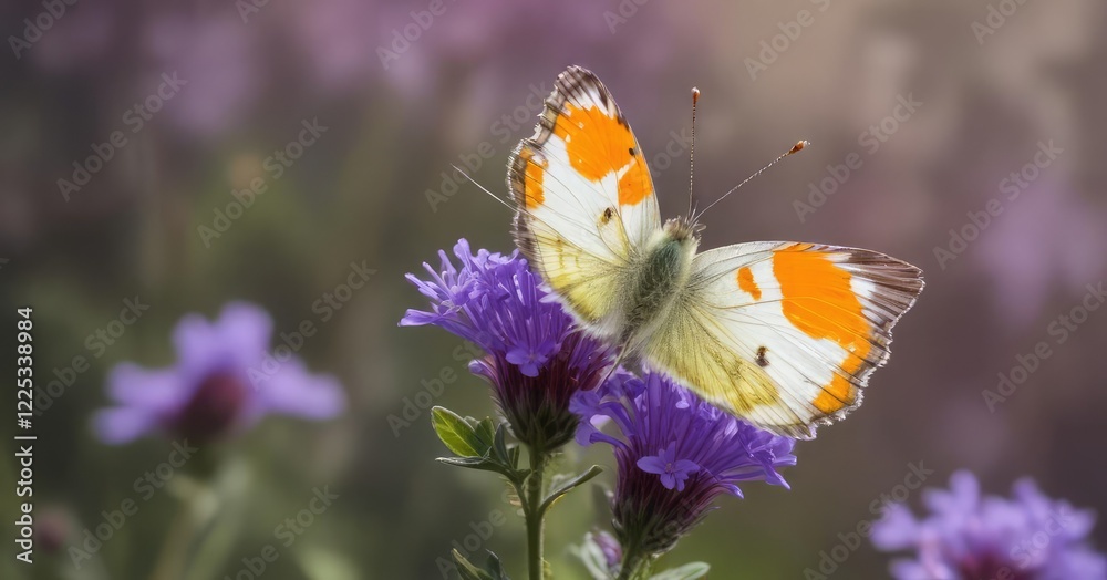 Obraz premium Delicate orange tip butterfly perched on a vibrant purple wildflower, anthocharis cardamines, flowers of europe