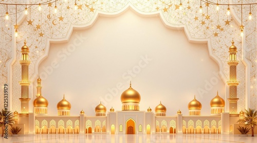 A festive background featuring a mosque with golden domes, surrounded by decorative ketupat patterns and glowing fairy lights. The center features a soft, neutral background space designed s
