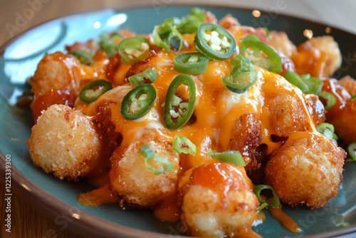 Deliciously plated cheesy tater tots topped with jalape?os and green onions in a vibrant setting