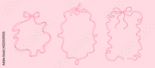 Set of 3 Frames of coquette pretty charming pink bow and ribbons. Hand drawn trendy ribbons border. Vintage bowknots frame for greeting cards, wedding, invitations, social media
