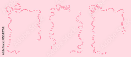 Frames of coquette pretty charming pink bows and ribbons. Hand drawn trendy ribbons border. Vintage bowknots frame for greeting cards, wedding, invitations, social media
