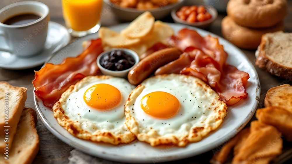 Full fry up English breakfast with fried eggs, sausages, bacon, black pudding, beans, toasts and tea on wooden background Full fry up English breakfast with fried eggs, sausages, bacon, black pudding, beans, toasts and tea on wooden background