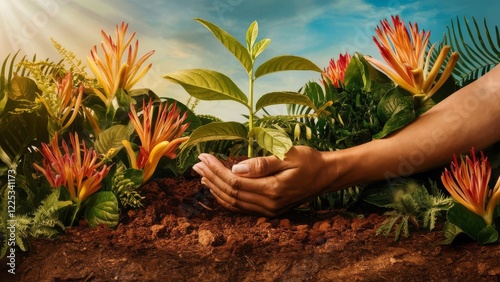 eco earth day concept. hand holding young plant in sunshine and green nature background, save earth day, photo ai generated