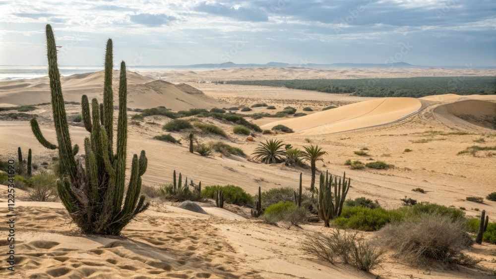 Desert landscape with cacti and sandy dunes, rocky, dry, landscape Desert landscape with cacti and sandy dunes, rocky, dry, landscape