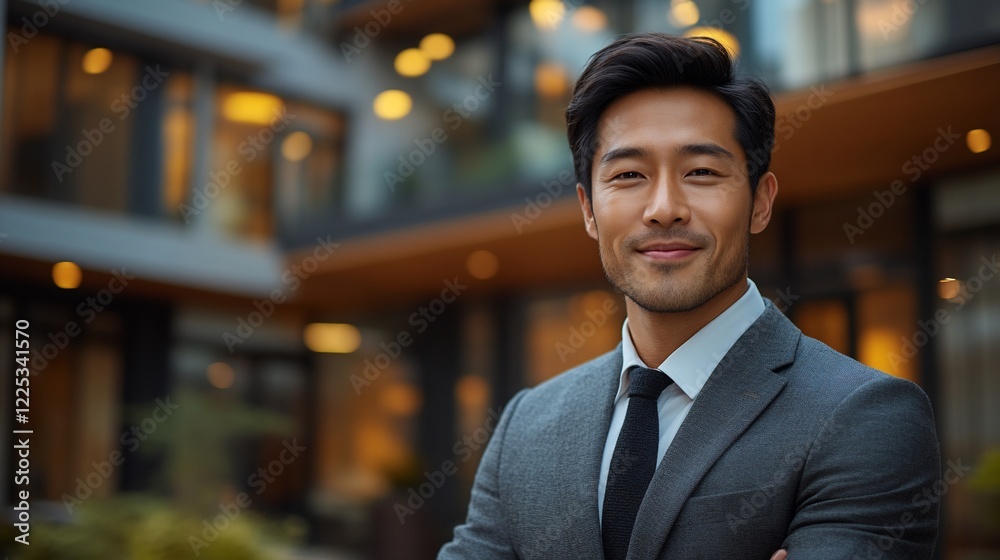 Fototapeta premium Confident Asian Businessman Portrait: Successful Executive in Modern City Setting