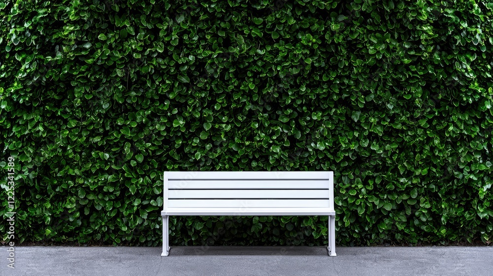 White bench against green leafy wall, park setting, peaceful scene, ideal for relaxation White bench against green leafy wall, park setting, peaceful scene, ideal for relaxation