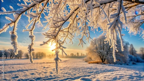 Frosty morning landscape with naturally grown ice crystals hanging from branches of bare trees