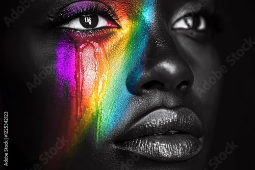 Vibrant rainbow tears on african female face in darkness