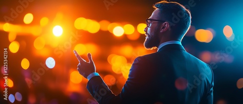Confident speaker addressing a vibrant audience.
