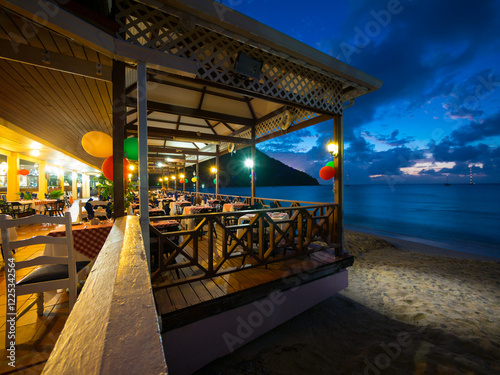 Beach and Restaurant  at Rodney Bay, Saint Lucia, St. Lucia, Windward Islands, Lesser Antilles, Caribbean, Caribbean Sea, North America photo